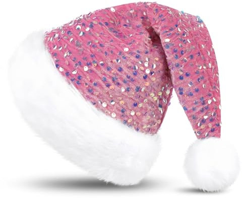 KONVINIT Rosa Cappello di Natale per Adulti con Paillettes,Caldo Cappello di Natale, Cappello di Babbo Natale,Cappello Natale Nero Cappello X-Mas per Natale decorativo,rosa