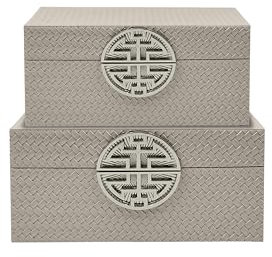 VANITY LIVING Set of 2 Grey Faux Leather Jewellery Boxes for Decor, Trinket Metal Decorative Storage Boxes with Silver Handles for Dressing Table
