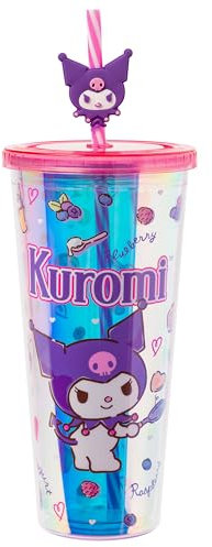 Silver Buffalo Sanrio Hello Kitty and Friends Kuromi Iridescent Plastic Cold Cup with Lid and Straw Topper, 24 Ounces