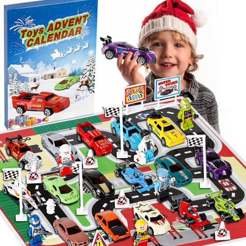 Adventskalender 2024 Kinder Auto Spielzeug, Alloy Rennwagen Sportwagen ab 3 4 5 6 Jahre Junge, 24 Tage Weihnachtskalender Geschenke für Kinder ab 3 Jahr