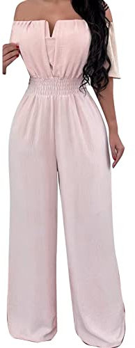 Damen-Jumpsuit für den Sommer, Playsuit für Damen, Ein-Wort-Ausschnitt, Taille, locker, gerader V-Ausschnitt, Arbeitsoverall, hoher Body für Damen, beige, M