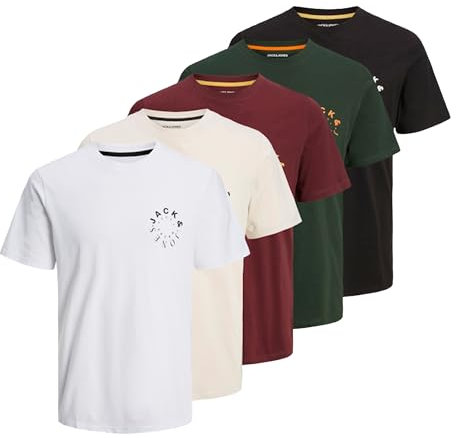 JACK & JONES Mens 5 Pack T-Shirt 100% Cotton Short Sleeve Tee Top Crew Neck Multipack T-Shirt for Men, Pack of 5, Size- L