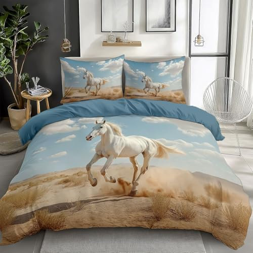 Quixora Copripiumino 2 Piazza 200 x 200 cm Azzurro Cielo Set Parure Copripiumino Matrimoniale Stampa Digitale Corsa Dell'Animale Del Cavallo Bianco Microfibra 3 Pezzi con 2 Federa 50x75 cm