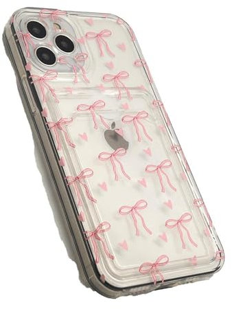 OLIVIA'S PHONES Cases For iPhone 12 (6.1) Clear Baby Pink Bows Love Hearts Pattern Gel Tough Card Holder Protective Smartphone Case Cover