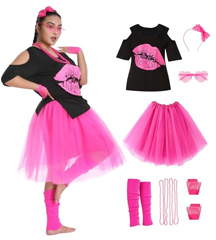 80er 90er Jahre Outfit Damen Karneval Kostüm Accessoires Rosa 42-60