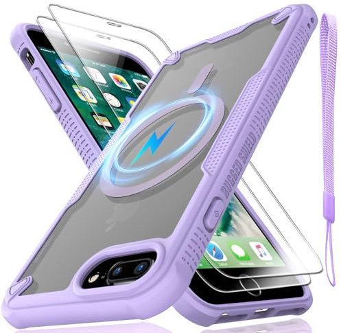 for iPhone 7/8 Plus Case, Translucent Matte Back Compatible with Magsafe Magnetic Slim Shockproof Protective Case with Lanyard Strap and 2*9H Tempered Glass Screen Protector Phone Cover5.5-inch-Purple
