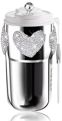 SlowVibes Bling Rhinestone Heart Travel Thermal Coffee Mug with lid,Leakproof Insulated Coffee Cups,Glitter Tumbler Keep Hot/Ice Coffee,Tea and Beer,Stainless Steel Reusable Water Cup,Women Gifts