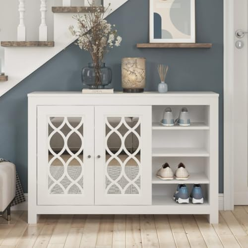 Galano Alice Armoire à chaussures autoportante à 2 portes avec étagères – Meuble à chaussures moderne blanc 16 paires avec étagères réglables pour entrée, maison ou bureau