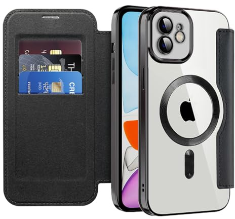 IMEIKONST Flip Wallet Case for iPhone 11 Cover, Black JDCX | RFID Blocking Card Holder, Camera Lens Protection, Magnetic Transparent TPU Back, Compatible with MagSafe, PU Leather