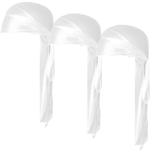 COYUN 3 pcs Seiden-Wellenhut, Seidige Durag-Turban-Kopfbedeckung mit langem, Seiden-Durags, Satin-Durag-Mütze, Piraten-Bandana, elastischer Seidens-Kopfschmuck, Seidens-Haarschal zum Schlafen, Weiß