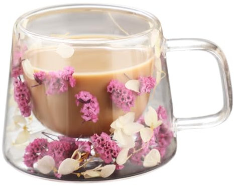 Genérico Tazas De Café 250ml Vaso Doble Pared, Vasos Cafe Cris-tal Flores Secas, Vasos De Doble Pared Con Asa, Tazas De Vidrio Borosilicato Resistente Al Calor Para Té, Café, Leche, Macchiato
