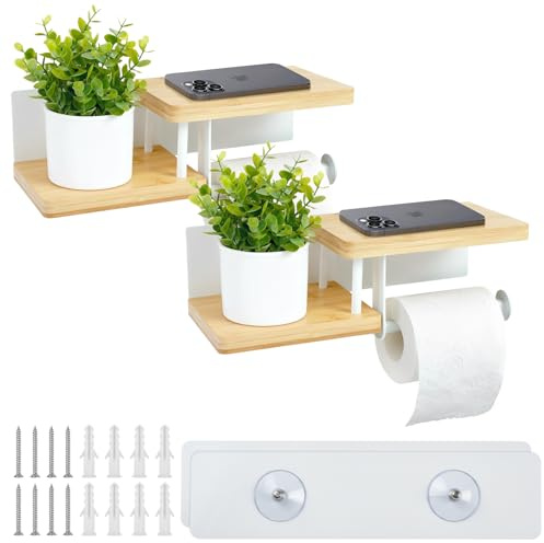 DTLLCZP 2 pièces Porte-Rouleau de Papier Toilette en Bambou avec étagère | Adhésif ou à Visser | Blanc pour Salle de Bain, Cuisine & Toilettes | 30×12×8 cm
