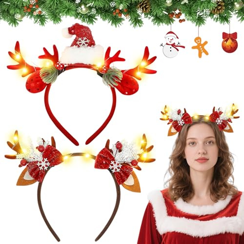 LED Haarreifen Weihnachten, 2 Stück LED Rentier Haarband, Glitzer Weihnachten Haarreif, Weihnachts Rentier Stirnbänder, Rentiergeweih Haarreif, Haarschmuck für Weihnachtsfeiern Kostüm Cosplay