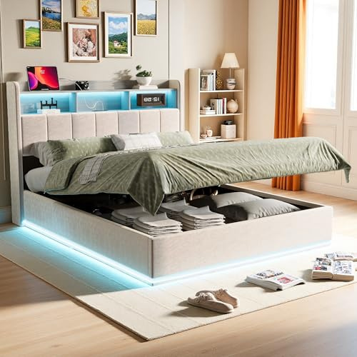 OLIVIBED Polsterbett 160x200, Doppelbett mit Stauraum-Kopfteil, Hydraulischbett mit Offene Fächer und Lattenrost, Jugendbett für Erwachseneund Jugendliche, Ohne Matratze, Weiß