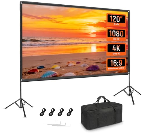 Beamer Leinwand mit Stativ 120 Zoll, 16:9 HD Projektor Leinwand Outdoor | Projector Screen mit Ständer, Tragbare, Tragetasche, Home Garten, Party, Theater, Nächte