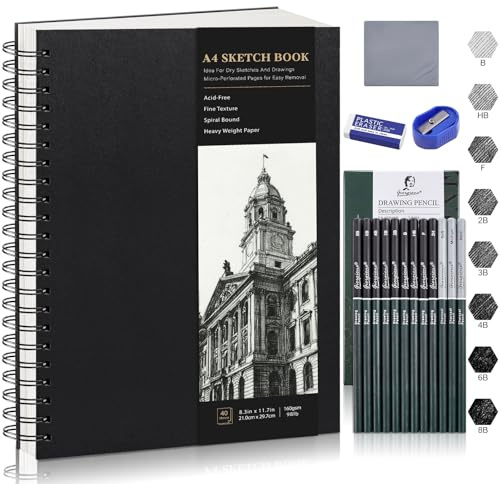 A4 Skizzenbuch Set Mit Stiften, 160 G/M², 40 Blatt, Spiralbindung | Mit 12 Skizzenstiften, 2 Radiergummis Und Anspitzer, Dickes Papier, Geeignet Für Künstler, Kinder Und Studenten