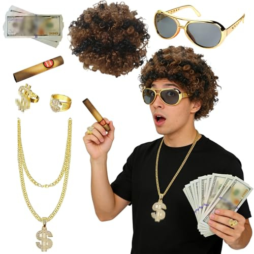AOMAIGAD 7 Stück 80er Jahre Perücke Herren, 70er Afro Herren perücke, 80er Hippie Perücken Herren, Vokuhila Perücke, Perfekt für Karneval, Cosplay