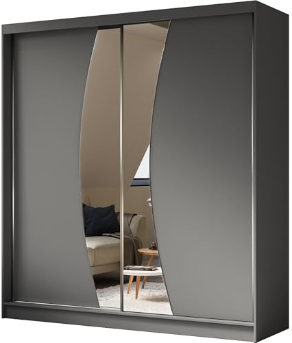 BEAUTY SOFA Vox - Schrank mit Spiegel - Kleiderschrank mit Schiebetüren - Garderobenschrank, Mehrzweckschrank, Flurschrank - 200cm breit - Graphit