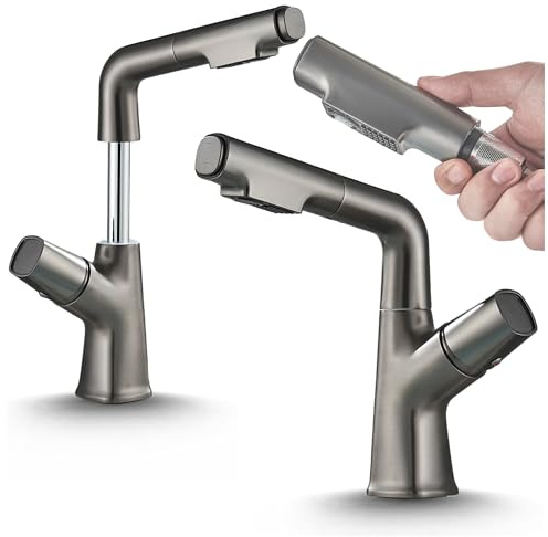 Waschbeckenarmatur Filo – Wasserhahn Bad, Niederdruck, mit Regulierung von Wasserfluss und Wassertemperatur, höhenverstellbar, schwenkbarer Auslauf (Graphit)