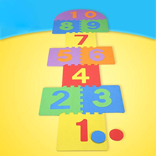 XUXHOU Children Hopscotch Mat Game, 10 Interlocking EVA Foam Tiles with 4 Colored Discs for Indoor Outdoor Garden Play (Colorful)