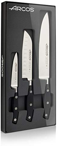 Arcos Riviera - Juego de Cuchillos de Cocina (Mondador + 1 Santoku + 1 Cuchillo Chef) - Acero Inoxidable Forjado NITRUM - Mango POM - Color Negro