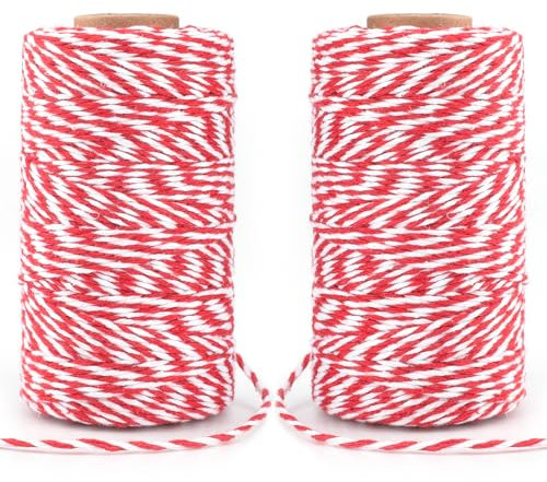 jijAcraft Spago Rosso e Bianco 100M Cordoncino in Cotone Corda di Natale per Confezioni Regalo, Artigianato, Decorazione (2pcs)