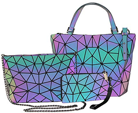 RANSUU Handtaschen Damen, Geometrischer Holographic Tasche, Leuchtender Henkeltasche, Geometrisch Schultertasche, Geschenk für Frauen Brieftasche Set 3Pcs
