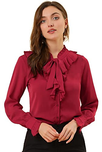 Allegra K Camicia da lavoro da donna con volant e collo a volant con bottoni sul davanti, tinta unita, Rosso, 40