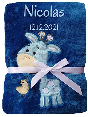 Wuff-Dogsworld Babydecke viele Farben & Motive mit Namen/Geburtsdatum Bestickt Geschenk Baby (Navy Giraffe hellblau)
