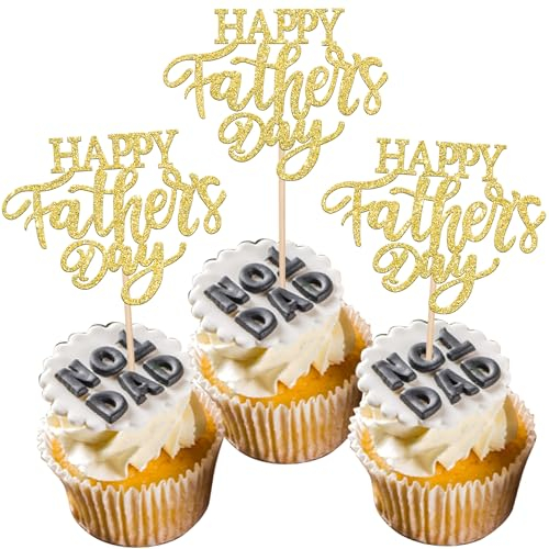 Xsstarmi 24 PCS Happy Father's Day Cupcake Toppers Glitter Love Daddy Best Father Super Dad Cupcake Picks for Happy Father's Day Dad Birthday Party Cake Decorations Supplies Gold