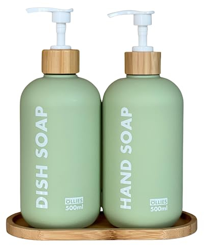 OLLIES Seifenspender für Küchenspüle und Badezimmer – 500 ml mit Bambuspumpe und stilvollem Etikett – ideal für Handseife und Spülseife – Seifenspender-Set geeignet für Küchendekoration