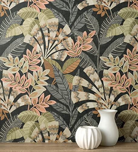 GAULAN 681999 Papier peint en vinyle feuilles ethniques sur fond noir texturé style tropical pour mur salon cuisine bain chambre salle à mange tête - Rouleaux de 10 m x 0,52 m