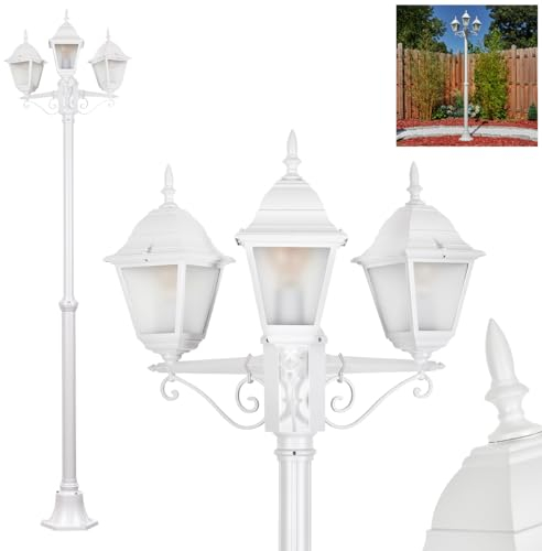 Außenwegeleuchte Naofe, moderne Wegeleuchte aus Metall/Glas in Weiß/Milchglas, Kandelaber 3-flammig im Vintage/Retro Look, Höhe max. 220 cm, Gartenbeleuchtung IP44, 3 x E27, ohne Leuchtmittel