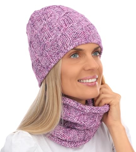 Damen Wurm Winter Kombi Set Thermofutter Mütze Winter Schal und passender Strickmütze/Beanie (686) (Melange Violet)