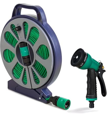 Garden Hose Water Pipe 15m/50ft Green Flat Hose with Nozzle Pipe Reel Gun Set Garden Watering Easy to Carry Handle Flat Hose