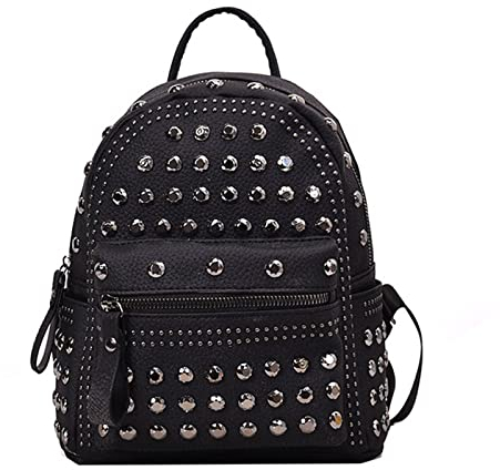 MULAIDI All-Match, wasserdichter PU-Leder-Rucksack, Nieten, einfarbig, Schultasche für Damen, Mädchen, Reise, Leder, Schwarz
