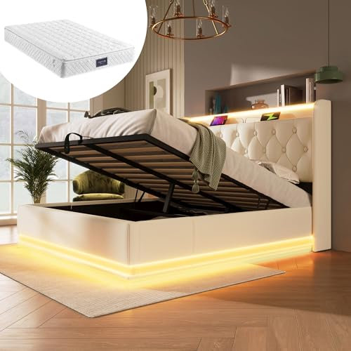 Polsterbett Doppelbett 140x200, LED Jugendbett Hydraulisch Stauraumbett Funktionsbett Bettgestell mit Stauraum & Lattenrost, Kopfteil mit USB Typ-C Ladefunktion & Staufach, PU, Mit Matratze, Weiß