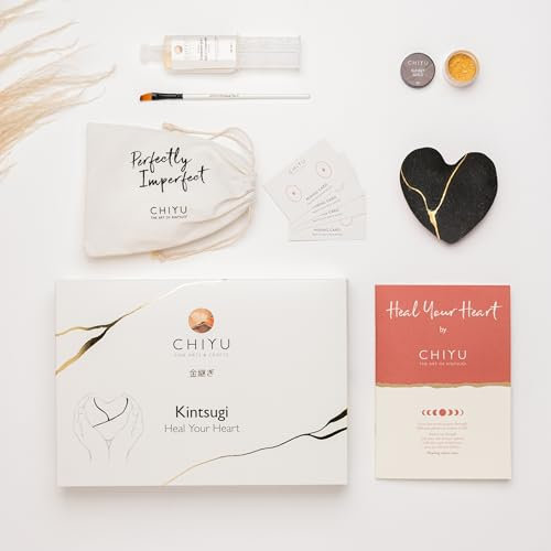CHIYU Kit Kintsugi - Heal Your Heart - Colla d'oro - Include un cuore in ceramica - Scatola regalo - Kit di riparazione Kintsugi - disponibile in Carbone Arrossire e Avorio (Carbone)