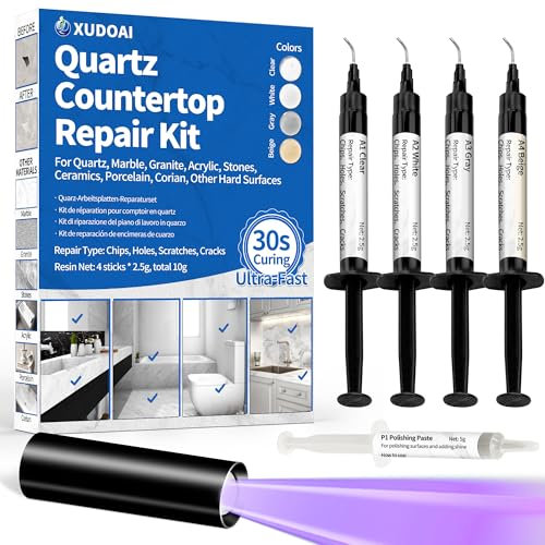 Quartz Countertop Repair Kit (Clear, White, Gray, Beige) 30s Fast Curing DIY Fix Luxury Stone, Granite Marble Acrylic Porcelain Fiberglass Quartz Countertop Chip Repair Kit for Cracks Holes Scratches