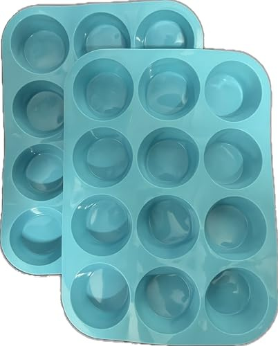 2pcs Silicone Muffin Tray 12 Cups, Non-Stick Coating, LFGB & BPA Free, Cupcake Baking Pan for Cupcakes Brownies Muffins Pudding Tarts Egg Bites-Blue (Light Blue)