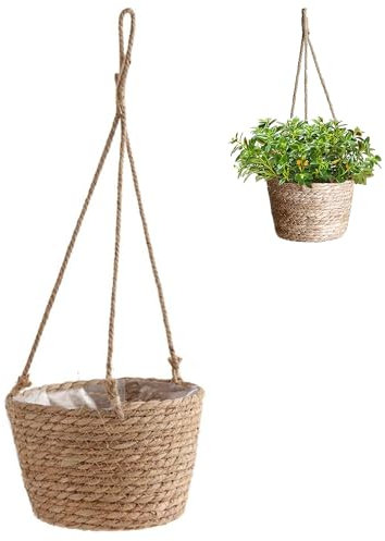 Wenrou Handgewebter Pflanzen Pflanzkübel Hängetopf Korb, Natürlicher Pflanzkorb Hängeampel Pflanzenampel, Boho Blumenampel, mit Kunststoffbeschichtung, Baumwollseil, für Wohnkultur Drinnen Draußen