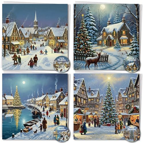 Simply Gifted Charity Christmas Cards Pack of 24 – Christmas Cards Multipack 4 Cute House Design with Envelopes & Stickers-125x125mm Luxury Charity Xmas Cards Festive Seasons Xmas Cards for Loved Ones
