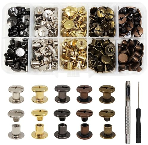 Hshenjhu 150 Vis Chicago M5 Rivets Cuir 4mm 5 Couleurs avec Tournevis DIY | 150 Pièces Kit Complet Vis Chicago M5 4mm, 5 couleurs, avec tournevis et poinçon pour reliure, album photo, ceinture cuir DIY