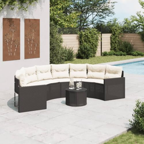 Ordellia Gartensofa Halbrund Schwarz, Poly-Rattan Lounge Set mit Tisch, Glasplatte, bequemen Kissen, UV-beständig für Terrasse, Garten, Outdoor