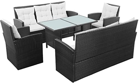 Owoxanthellate 5-teiliges Garten-Lounge-Set Schwarz 160 cm 3-Sitzer Sofas mit Glas-Tisch 120x70 cm Poly Rattan wetterfest & klappbar Modernes Design für Balkon Terrasse Garten