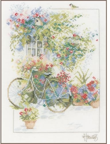 Lanarte Kreuzstich Stickpackungen Gezählter Kreuzstichbilder Set FASSADE MIT BLUMEN Wanddekoration Handarbeit Set für Erwachsene 29 x 39 cm DIY Deko Bastelset Handwerker Kreative Geschenkset