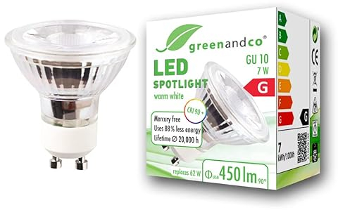 greenandco GU10 LED Spot | 7W 450 lm | 3000K warmweiß | 36° | 230V | CRI 90+ | flimmerfrei | nicht dimmbar