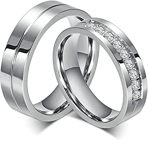 Bishilin Edelstahl Ringe Paare 2 Set Silber, Hochzeit Ringe 6MM Hochglanzpoliert mit Zirkonia Partner Ringe Personalisiert für 2 Damen Gr.60 (19.1) & Herren Gr.67 (21.3)
