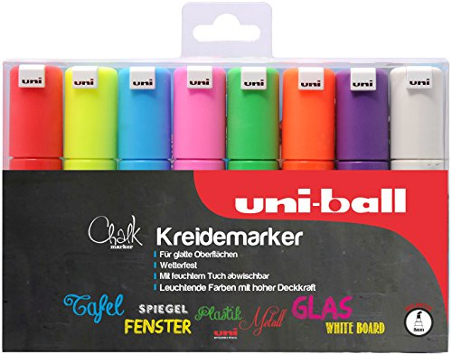 Uni-Ball 186408 - Fenster- & Kreidemarker UNI CHALK PWE-8K, 8 mm, Keilspitze, 8er Set, sortiert