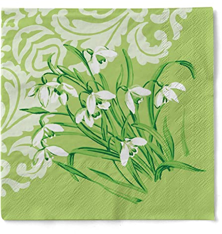 Sovie HORECA Serviette Melanie aus Tissue, 3-lagig, 1/4 Falz, 33 x 33 cm, saugstarke und hochwertige Einwegservietten Frühling & Sommer mit Schneeglöckchen - 100 Stück